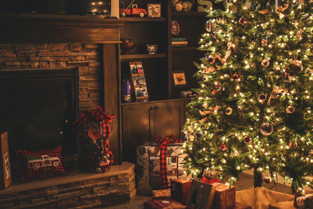 Christmas tree with white lights and decorated with ornaments next to a fireplace and bookshelf