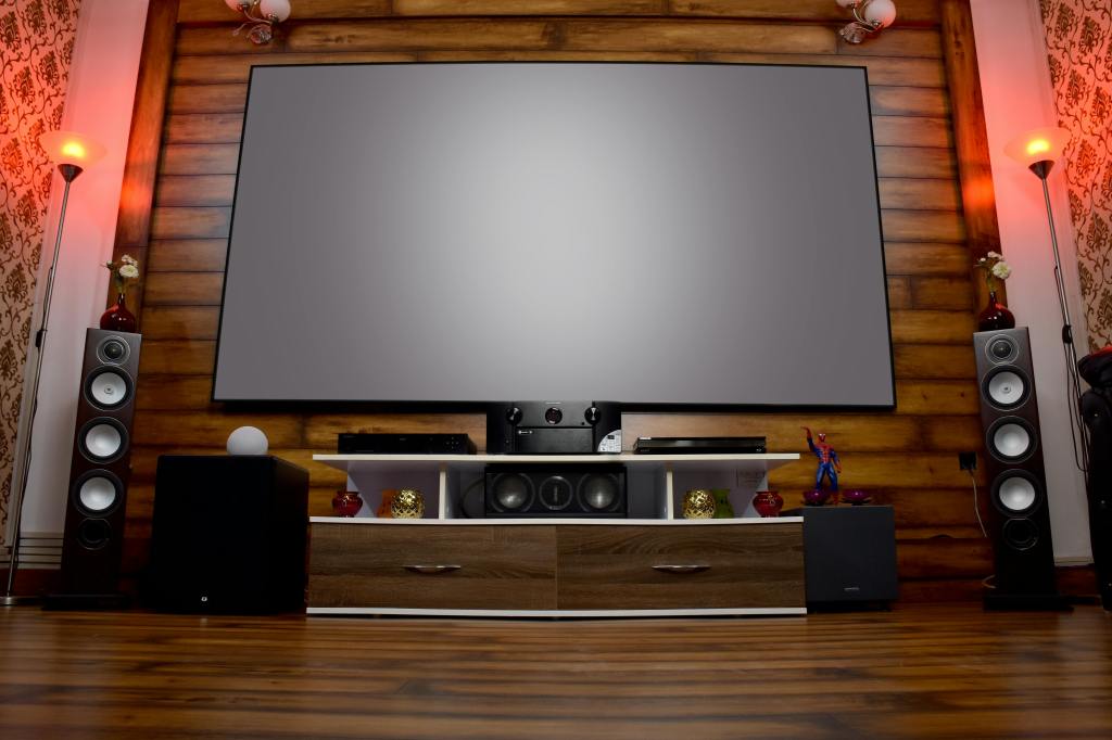 home theater setup with tv and sounds system