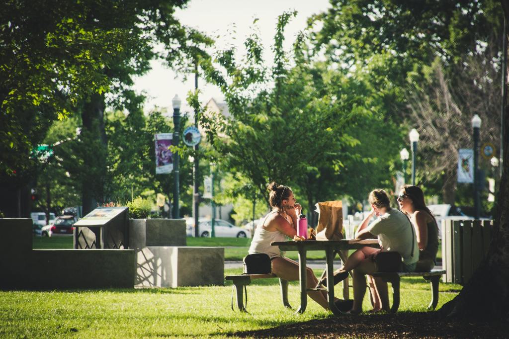 family having dinner at the park sitting on a picnic table